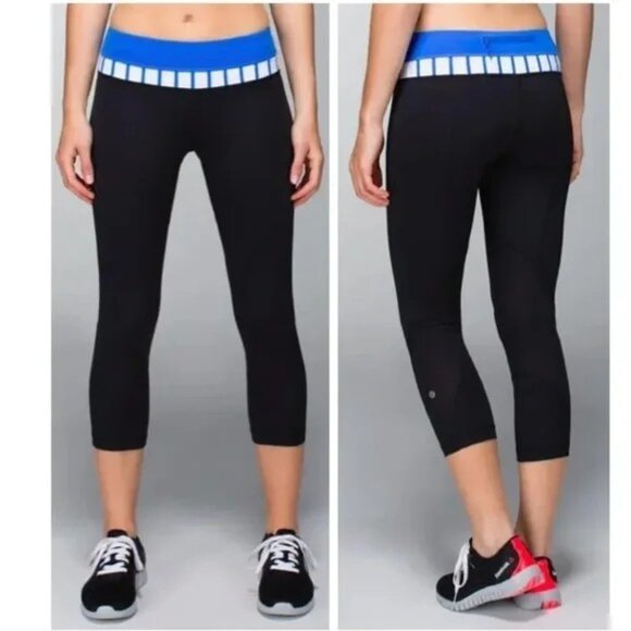 lululemon athletica Pants - Lululemon Run Inspire Crop II leggings ~ black w/ pipe dream blue